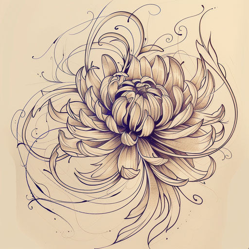 Art Nouveau inspired tattoo sketch of an aster flower with flowing lines and natural motifs