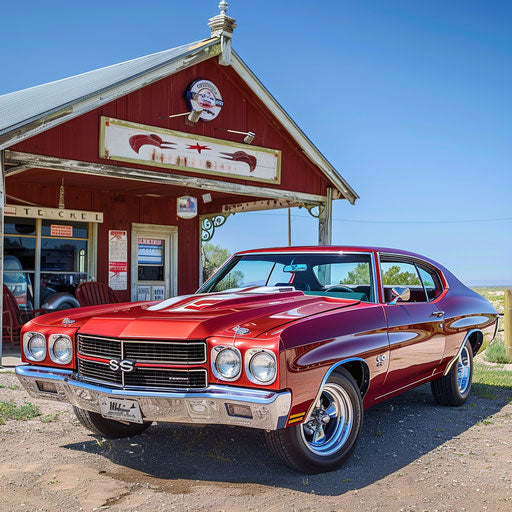 Immaculate 1977 Chevelle restored, cherry red, vintage gas station under blue sky