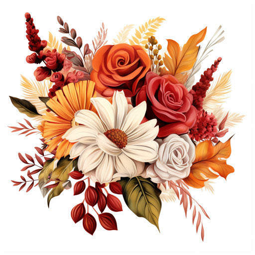 Colorful flower bouquet & leaves, autumn, chic illustrations