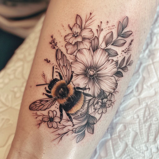 Bumble bee tattoo with floral motif on white background