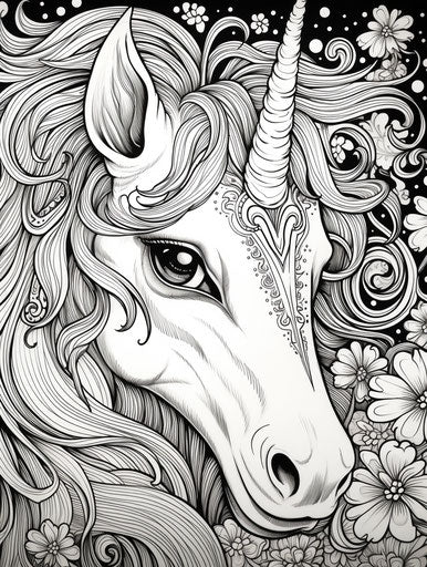 Baby unicorn coloring pages for adults, in the style of shiny eyes, detailed perfection 3:4