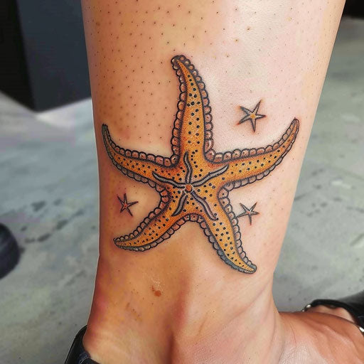 Simple starfish tattoo in Sailor Jerry style, on the ankle