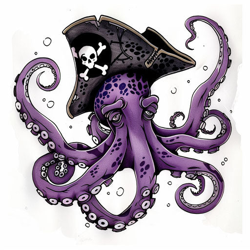 Whimsical tattoo sketch of a cartoonish octopus in pirate hat