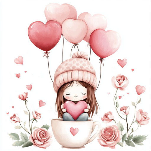 Adorable girl sitting in coffee cup, heart balloons pink red