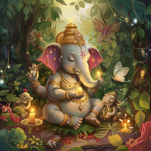 Whimsical Ganpati clipart in a magical forest