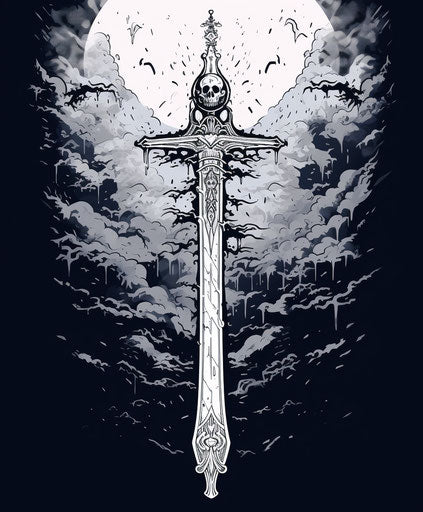 Apocalyptic sword outline in black and white, fantasy art
