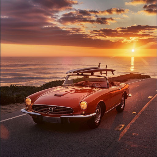 1966 Volvo P1800 roadster shining at sunset on a coastal road
