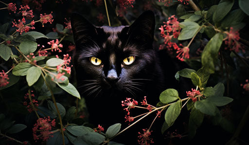 A black cat sniffing leaves in a flowering bush