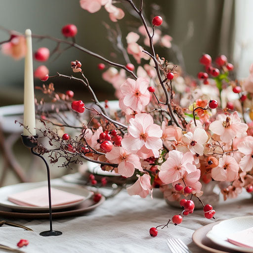 35 Pink Valentine's Day Flowers with Red Berries on Long Brown Stems for Wedding Table Decoration