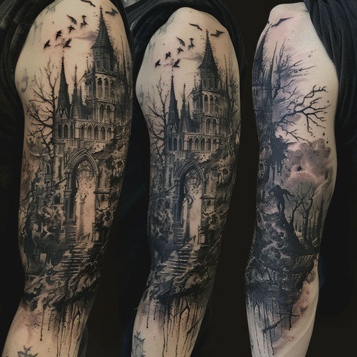 Sleeve tattoo in Gothic architecture style