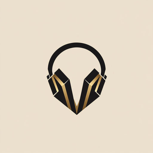 Elegant DJ logo with a unique angular headphone shape icon and refined serif typography, in a harmonious black and gold color palette, isolated on a flat beige background.