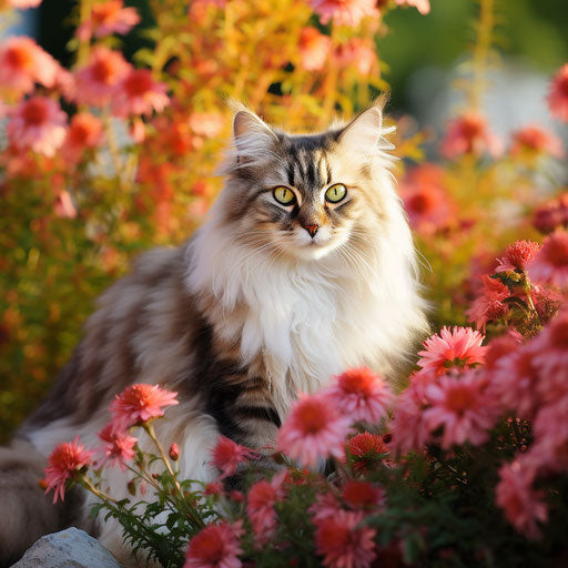 A Siberian cat in a flower bed with beautiful flowers