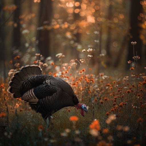 Wild turkey feeding in a tranquil clearing
