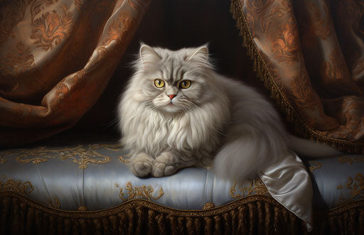 Gray cat posing for picture, frayed style, ron english, emotive body language, grandeur of scale, exaggerated nobility, light brown, persian miniature 17:11