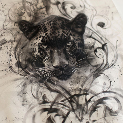 Gothic black panther tattoo on white parchment