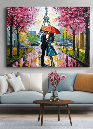 Romantic painting of Paris with Eiffel Tower on canvas