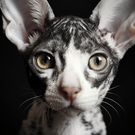 Closeup of a Cornish Rex cat's face