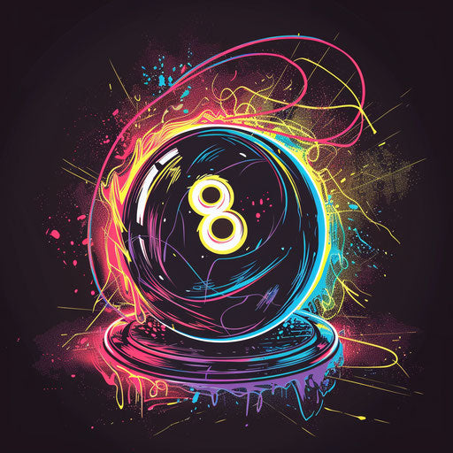 Vibrant bursting 8 ball with colorful neon outlines on dark