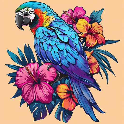 Bold tattoo sketch of a parrot on a branch with tropical flowers, clipart style