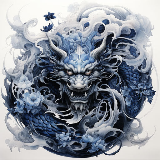 Dragon tattoo in black and blue, Takashi Murakami style