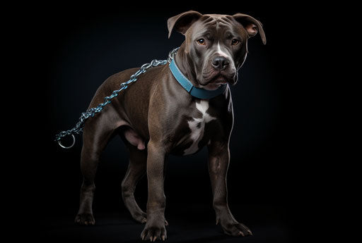 A large pit bull wearing a leash, in the style of dark cyan and dark brown, dark gray, princesscore, ilford xp2, hard-edged lines, hd mod, lighthearted 34:23