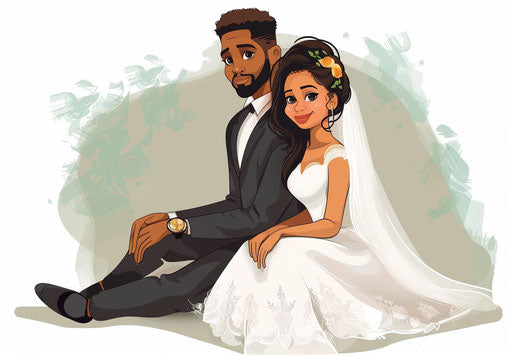 Cute wedding couple cartoon illustration, bold colorism style