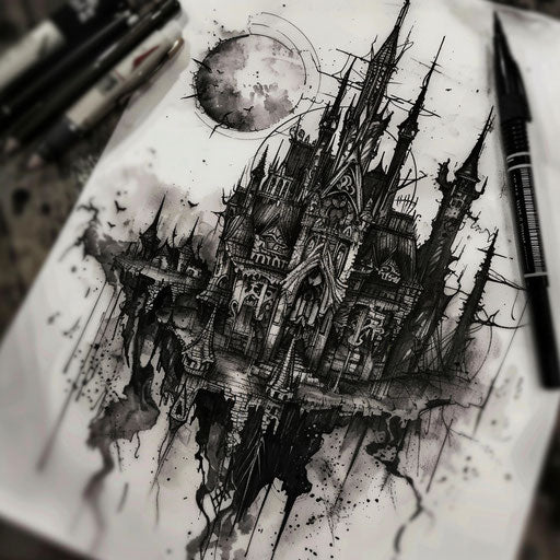 Gothic tattoo sketch of a dark castle representing hell