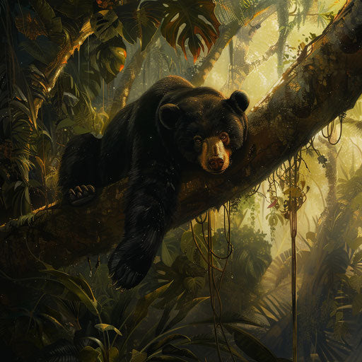 Malayan sun bear resting on a tree branch in dense tropical forest