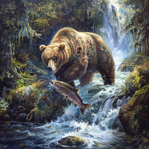 Grizzly bear catching salmon in a rushing river