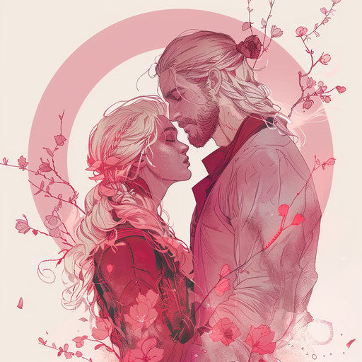 Romantic tattoo sketches of Baldur and Nanna in pink and red