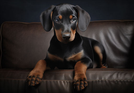 Black and tan doberman puppy standing on a sofa