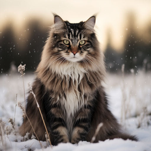 Norwegian forest cat in a snowy field