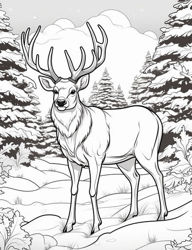 Christmas coloring page, reindeer, lively animated cartoons