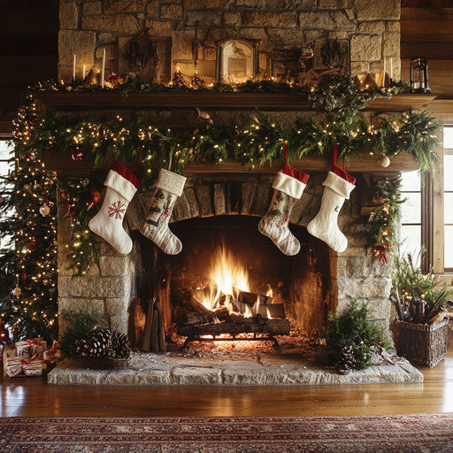Stone fireplace adorned with garlands and stockings, crackling fire casting warm glow in festive room