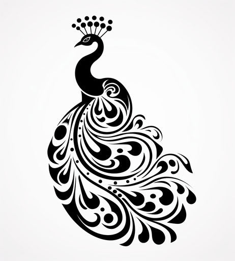 Peacock silhouette for coloring pages, repetitive dotwork, whimsical folk-inspired, lively and energetic