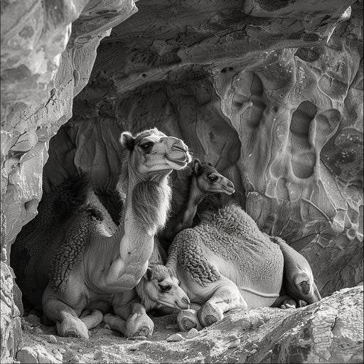 A mother camel sheltering her calf from the sun under a rocky outcrop