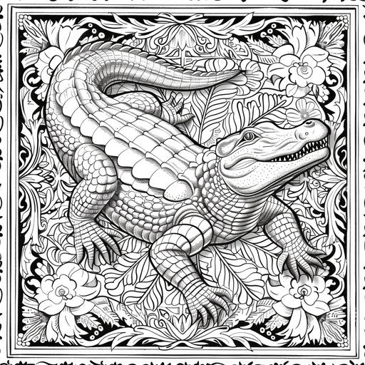 Majestic crocodile surrounded by floral ornaments - Coloring page