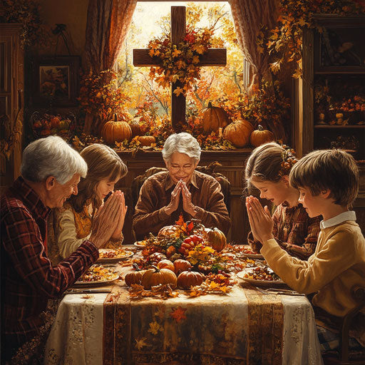 A family in prayer with a cross and fall harvest