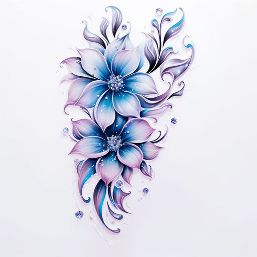 Blue flower and crystal tattoos, luxurious romantic graffiti style