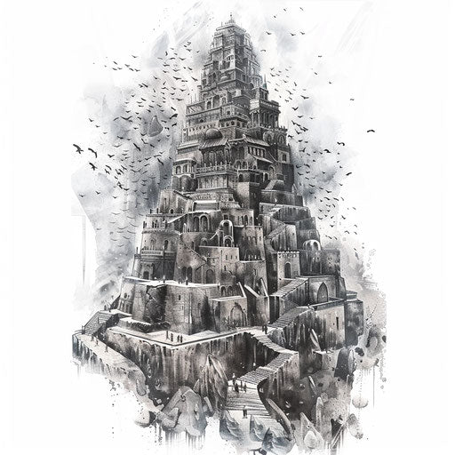 Detailed Tower of Babel tattoo in gray and black