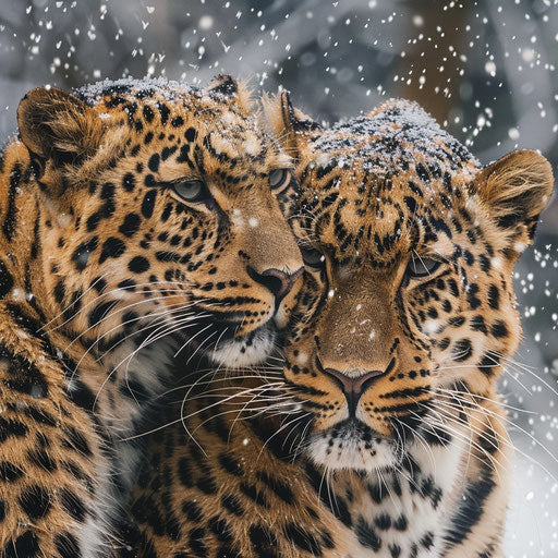 Intimate moment between two Amur leopards in falling snow