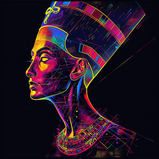 Modern flat tattoo sketch of Nefertiti with vibrant digital effects and neon outlines