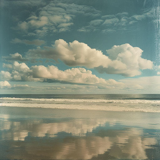 Dramatic clouds over a sandy beach with ocean reflecting the sky