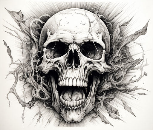 Skull surrounded by lightning bolts, black and white drawing