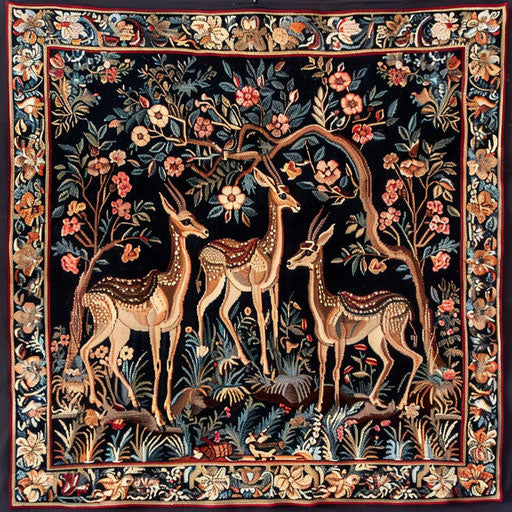 Traditional tapestry weaving scene with gazelles as central motif