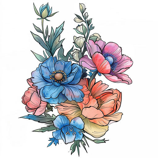 Mixed-media flower bouquet combining pastel watercolors and bold outlines