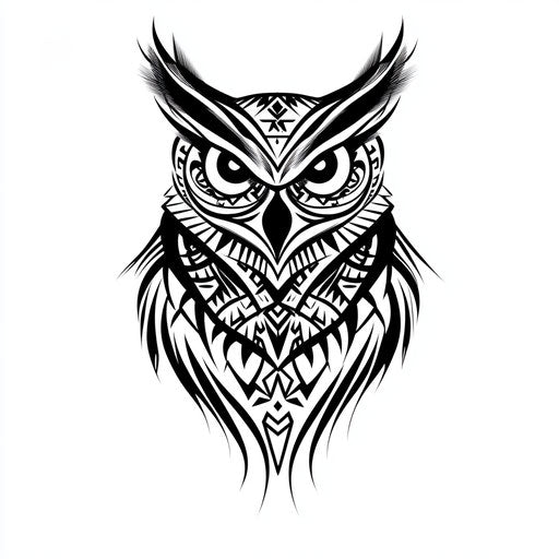 Tribal owl tattoo for neck in clipart style, bold black lines