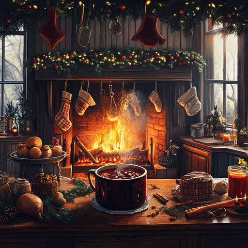 Festive kitchen scene by the fireplace, simmering mulled wine