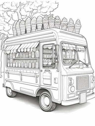 Colorful ice cream truck, Beatron/Van Allsburg style, multi-layered