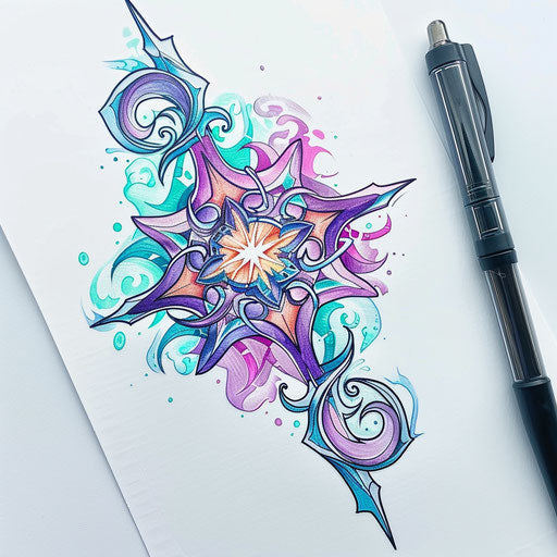 Artistic flat tattoo sketch featuring a swirling chaos star in pastel shades
